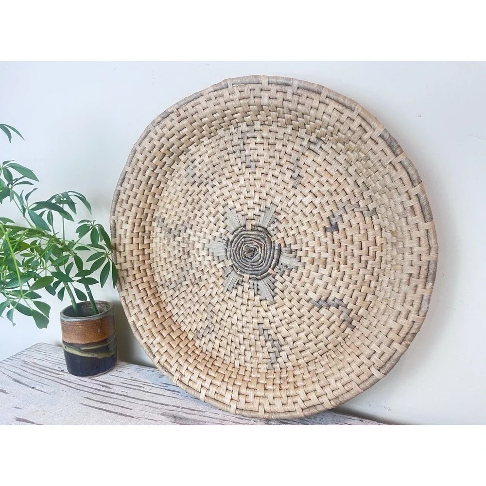 Vintage Large Rustic Primitive Woven Tray Basket Large Tan & Grey 16.5” Israel